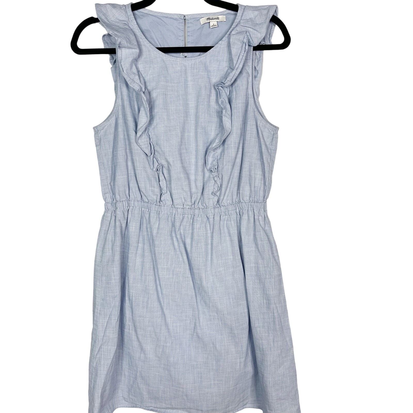 Madewell 8 Blue Bellflower Ruffle Sleeveless Dress Cinch Waist Cotton Button